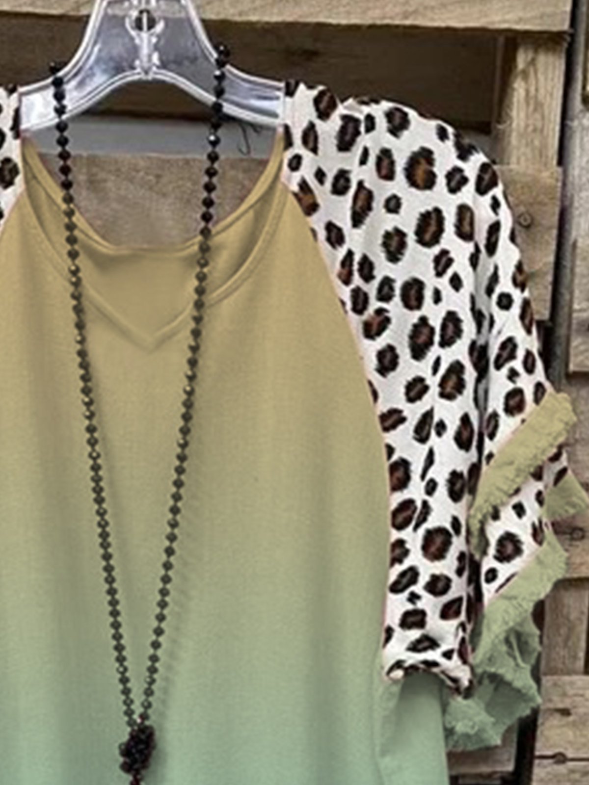 Vintage Leopard Printed Tassel Color-block Short Sleeve V Neck Casual Top