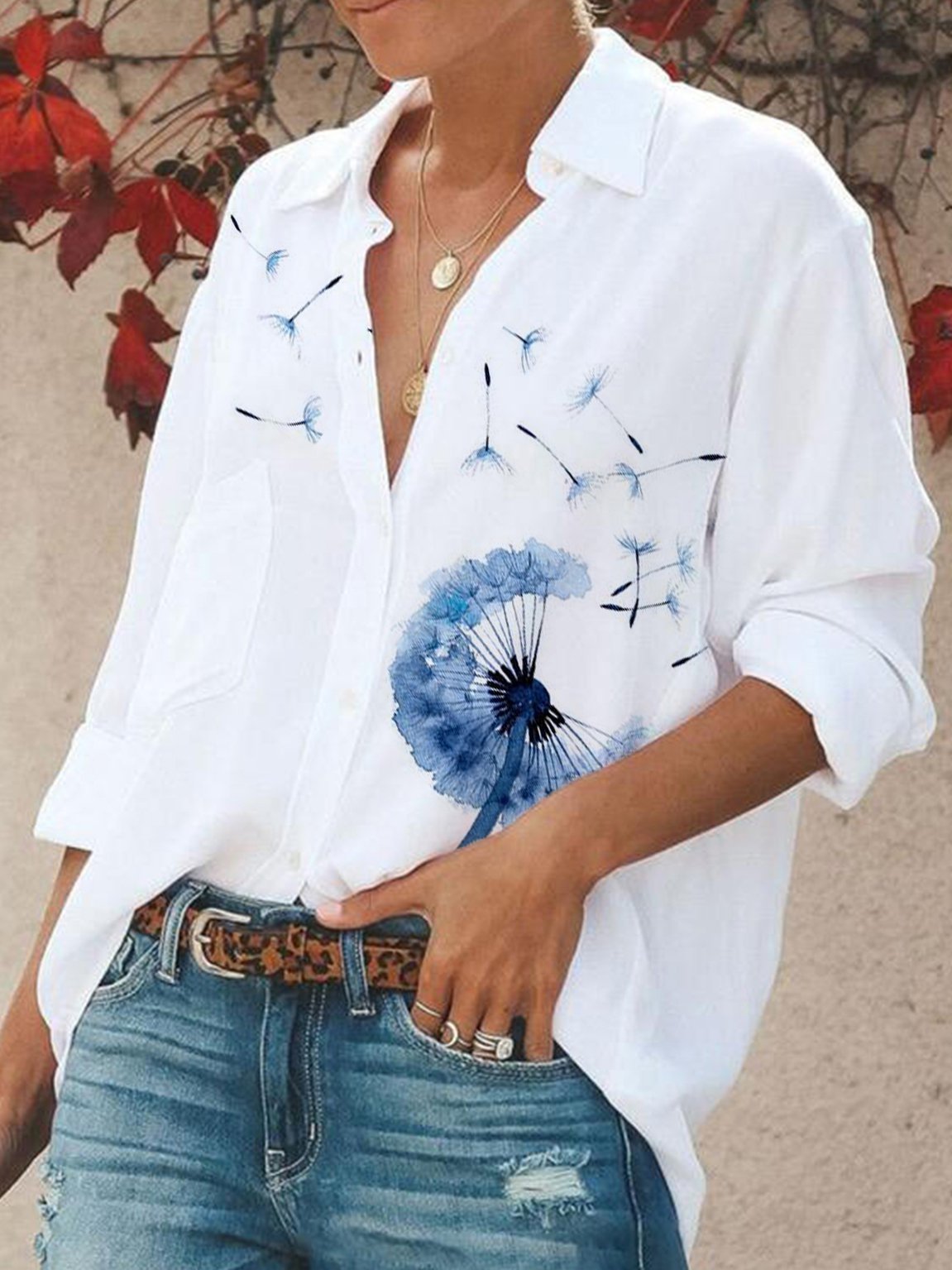 Long Sleeve Plants Cotton-Blend Shirt Collar Blouse