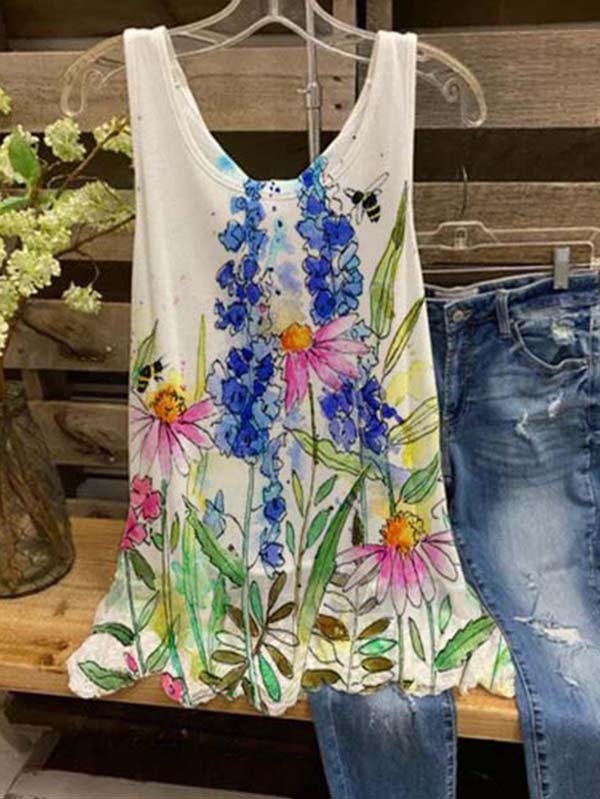 Casual Sleeveless Floral-print Crew Neck Shirts & Tops