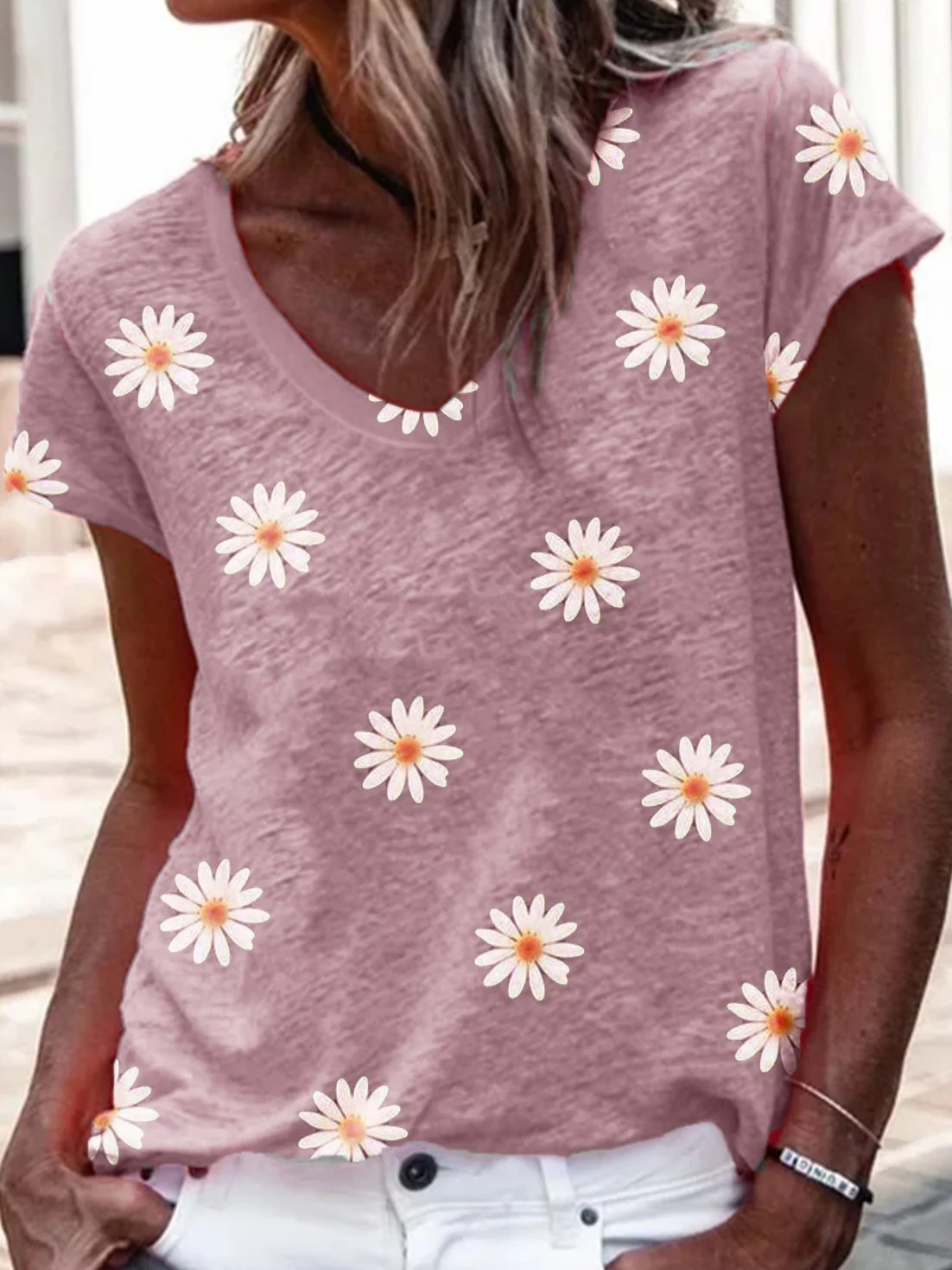 Floral Short Sleeve V Neck T-shirt