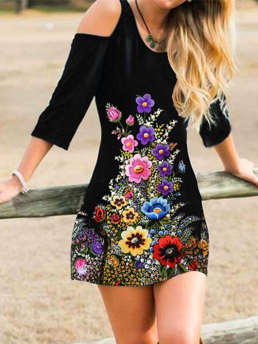 Cotton-Blend Cold Shoulder Floral Knitting Dress