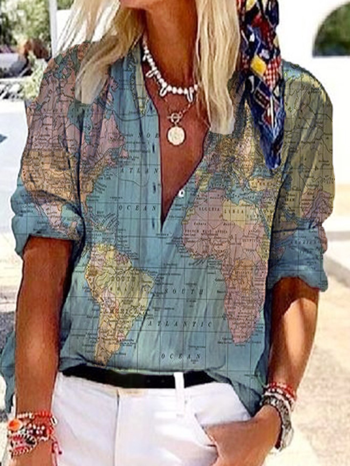 Vintage 3/4 Sleeve Map Printed V Neck Casual Top