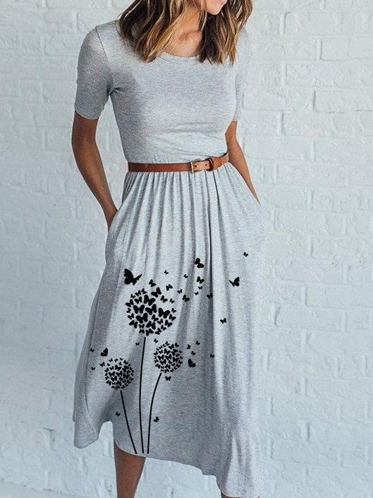 Casual Floral Cotton-Blend Crew Neck Knitting Dress