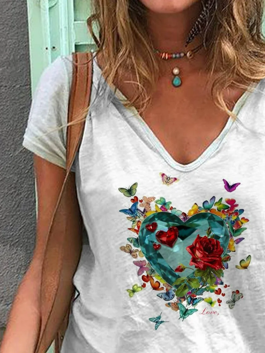 Cotton-Blend Casual Butterfly V Neck T-shirt