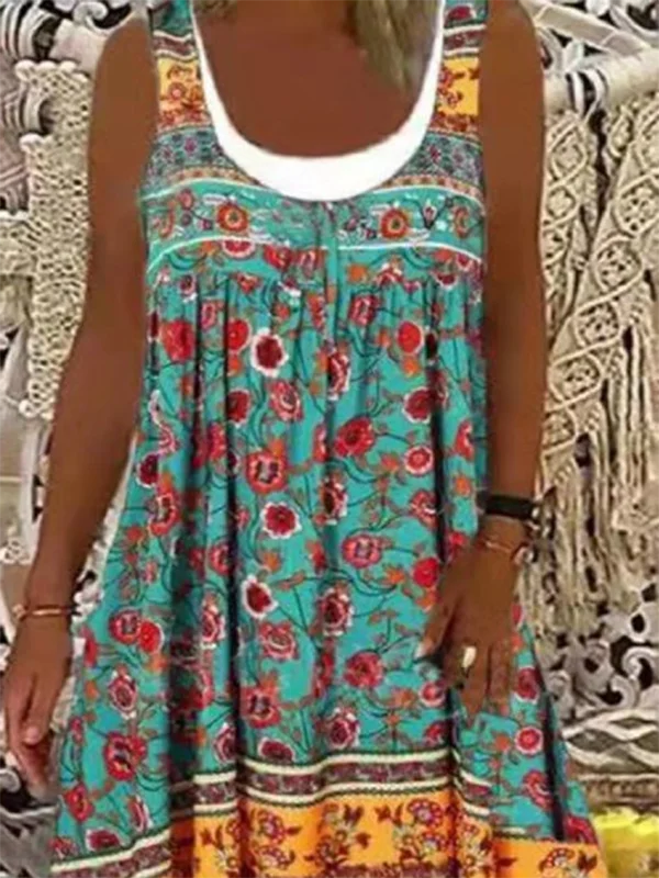 Women Boho Round Neck Floral-Print Sleeveless Mini Dresses(Contains lining)
