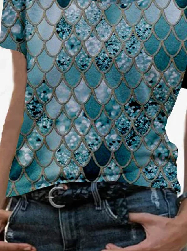 Paisley Short Sleeve  Printed Cotton-blend Crew Neck Holiday Summer Blue Top