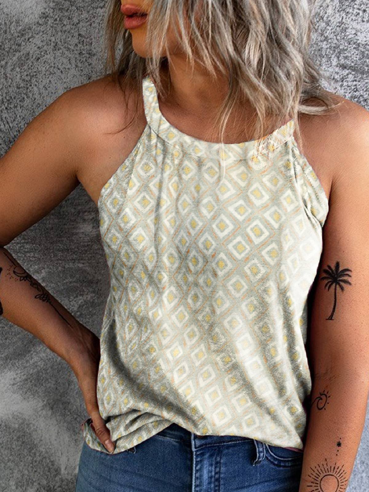 Casual Geometric Floral-Print Sleeveless T-shirt