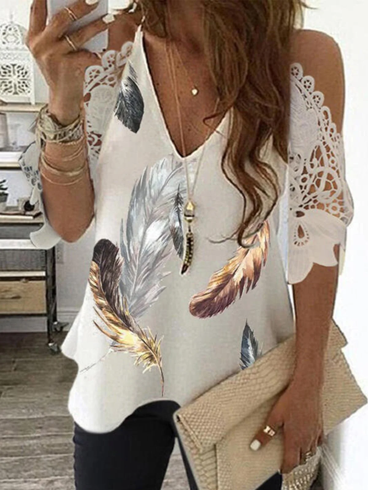 Vintage Lace Half Sleeve Feather Printed V Neck Plus Size Casual Tops ...