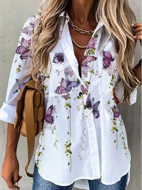 Shirt Collar Casual 3/4 Sleeve Floral Blouse