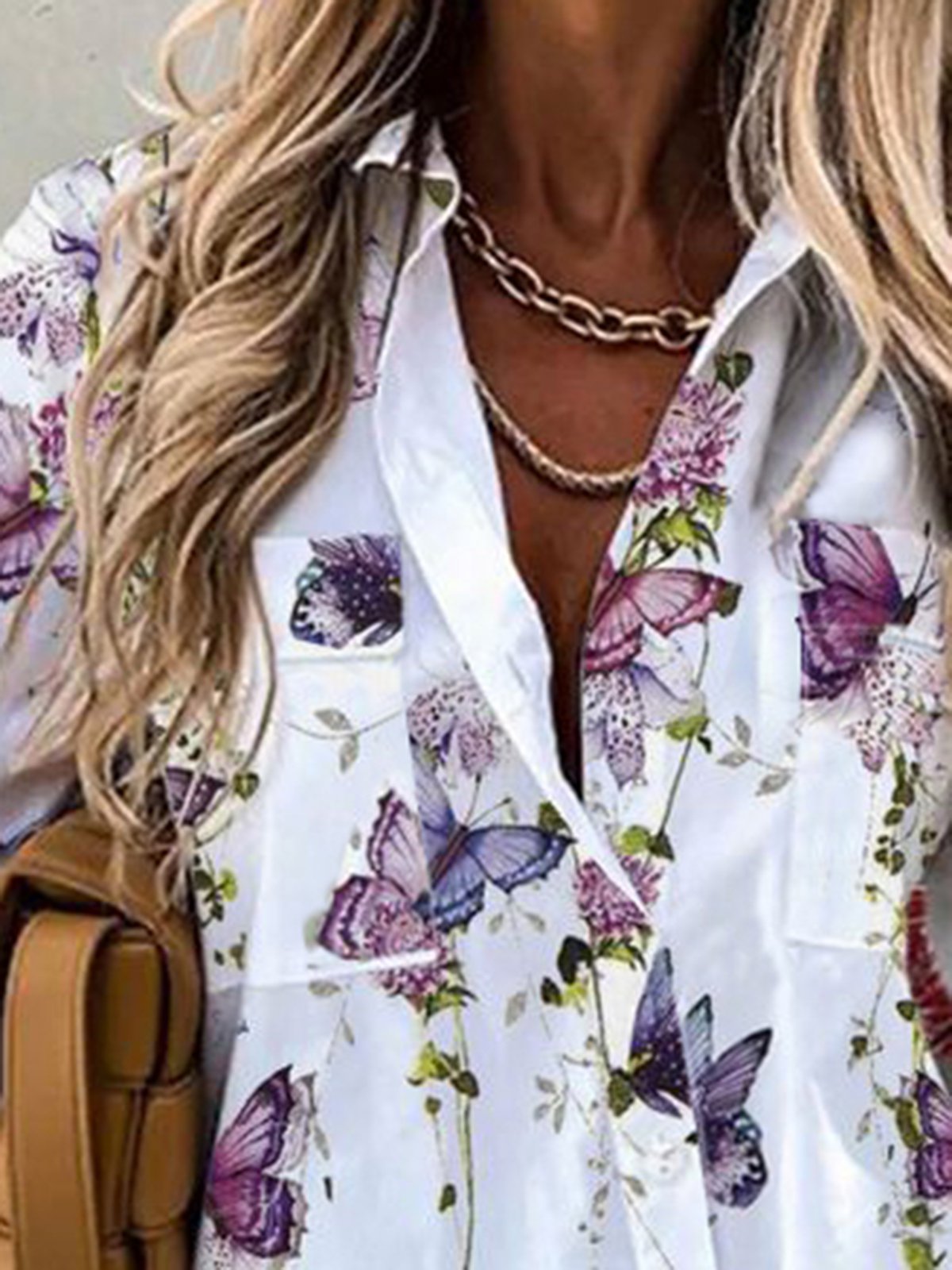 Shirt Collar Casual 3/4 Sleeve Floral Blouse