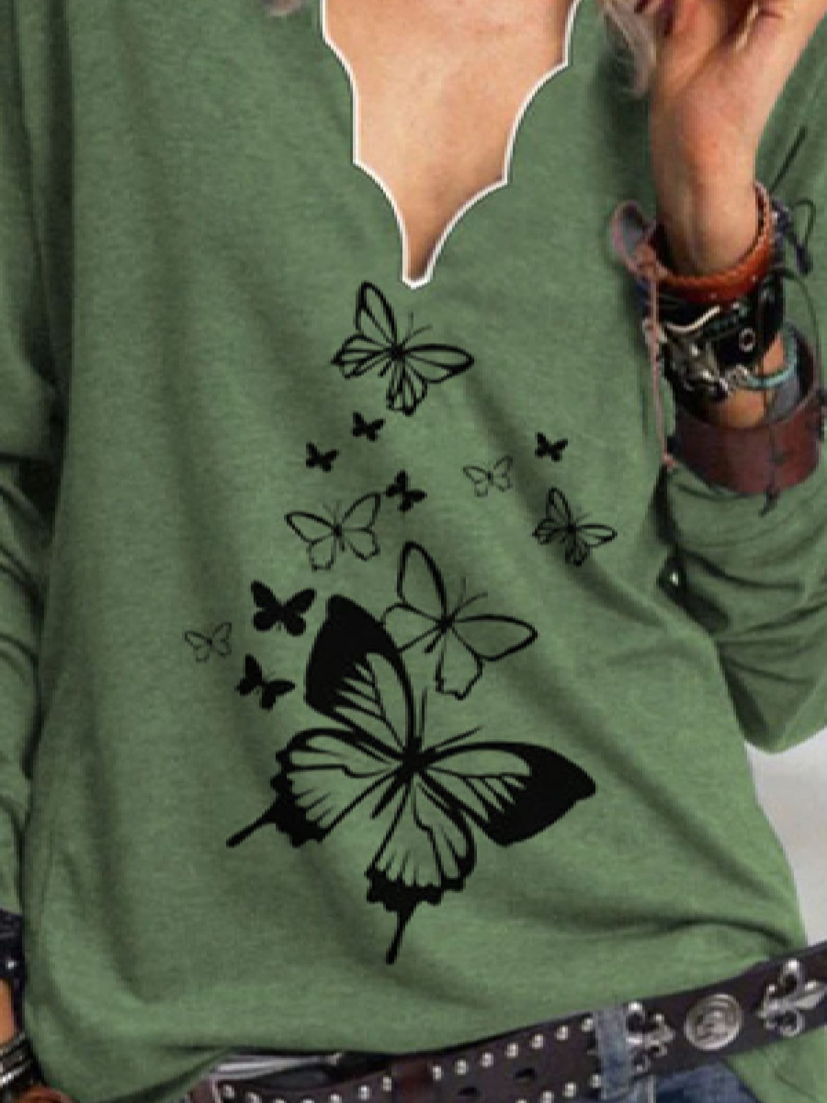 Casual V Neck Butterfly Long Sleeve T-shirt