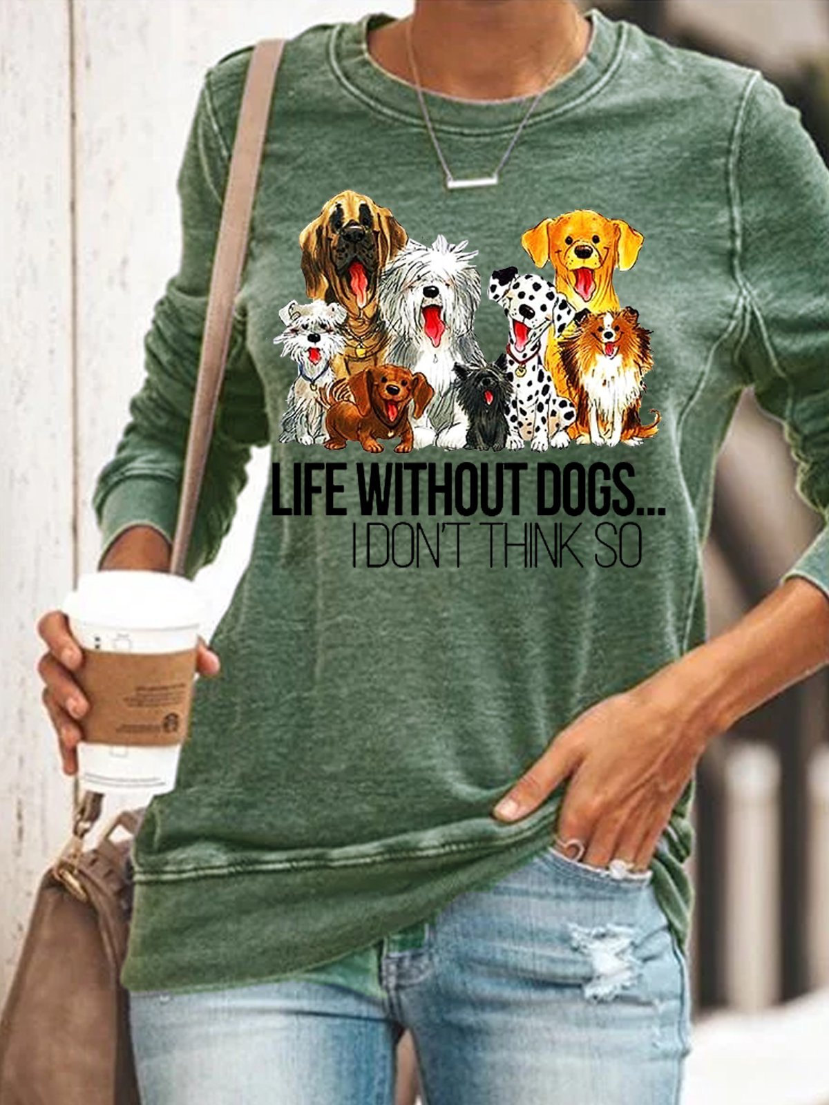 Life Without Dogs Don't Think So Cotton-Blend Casual Crew Neck Long Sleeve Sweatshirt
