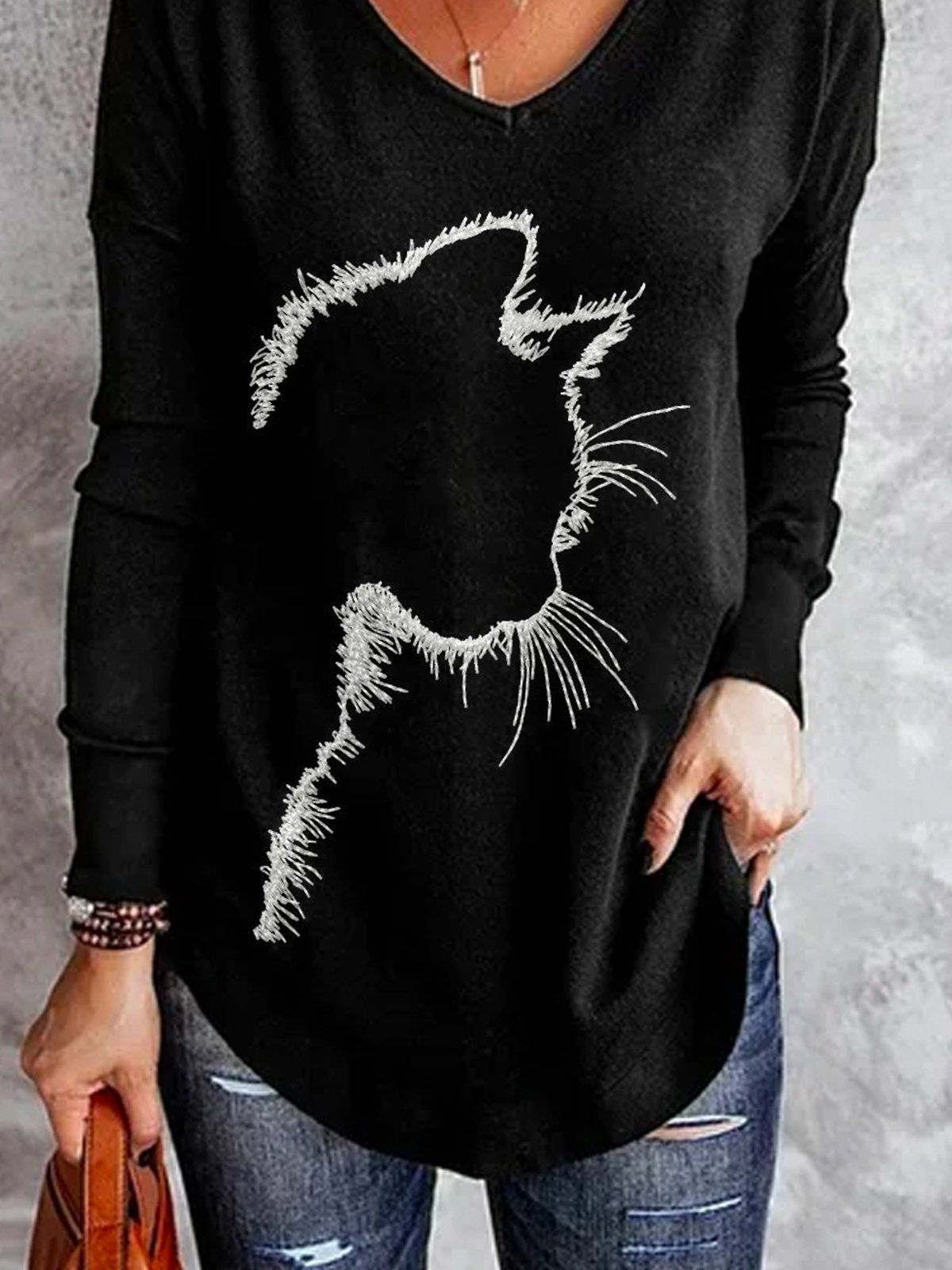 Halloween Cat Print Animal Print V Neck Long Sleeve Top