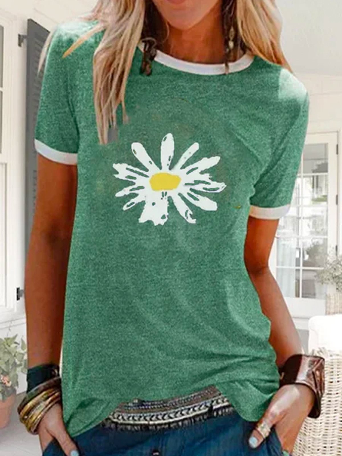 Women Floral Print Short Sleeve Round Neck T-shirt Top | zolucky