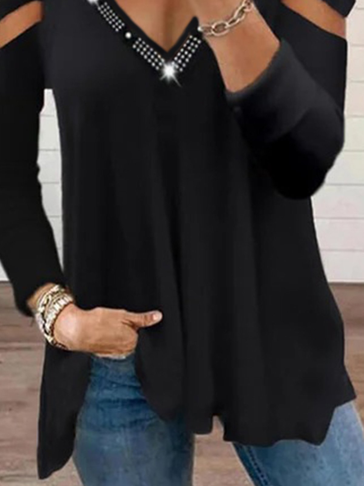 Vintage Solid Eyelet Hotfix V Neck Long Sleeves Casual Top