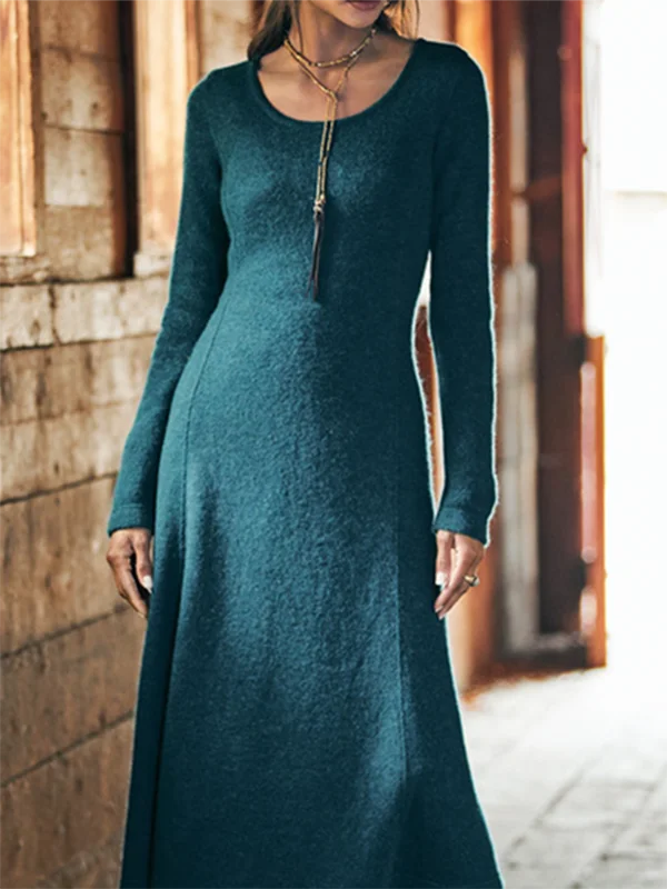 Solid Long Sleeve Crew Neck Knitting Dress