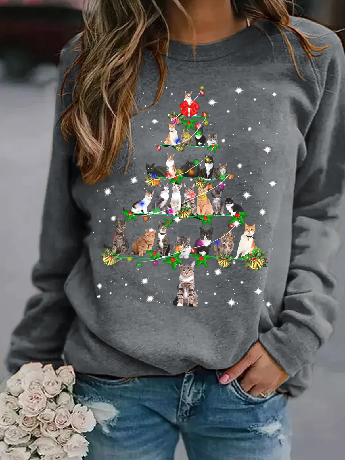 Funny Cats Christmas Tree Casual Sweatshirt