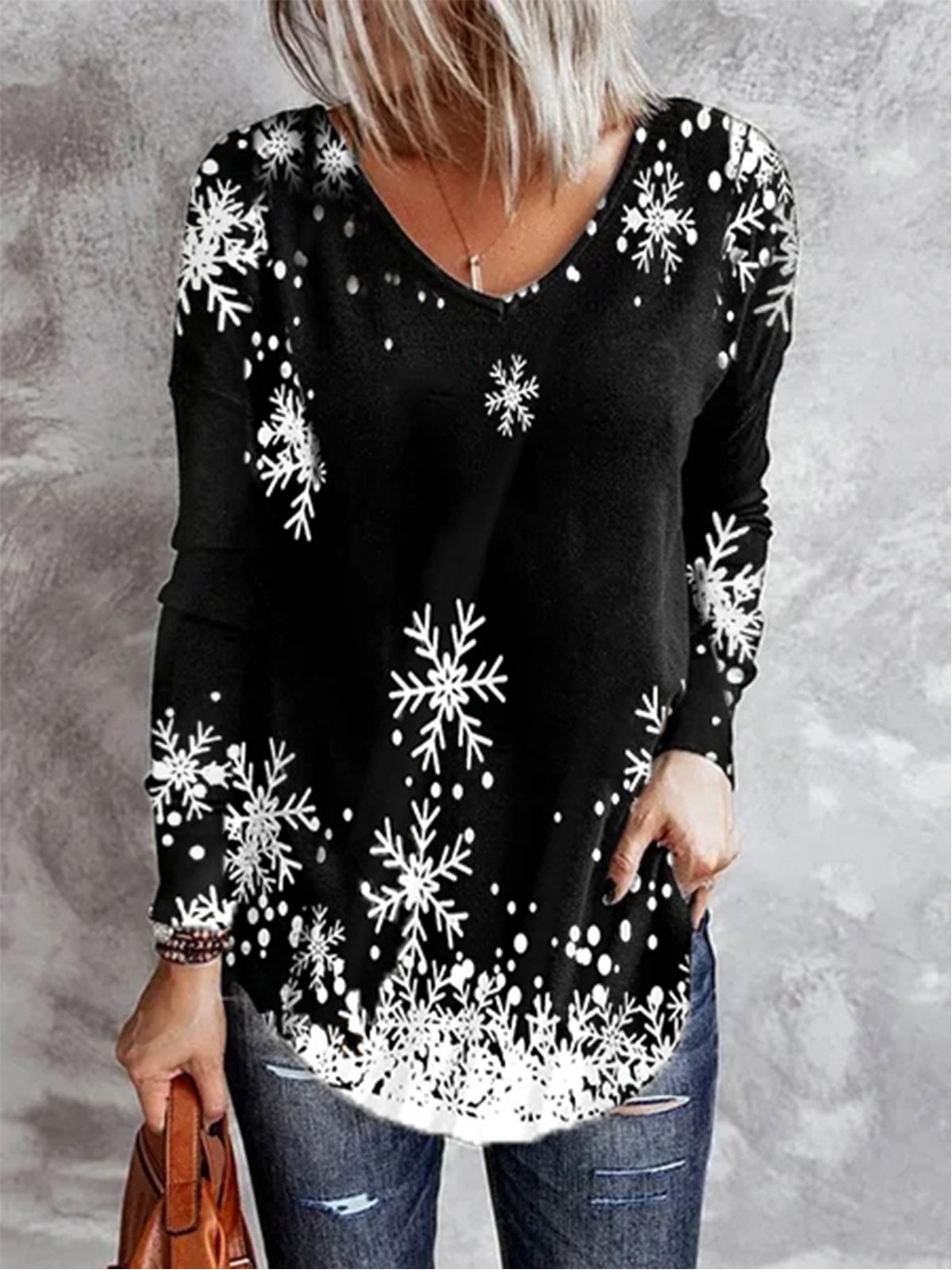 Christmas Snow Crew Neck Floral Tunic Casual Loose Jersey Top