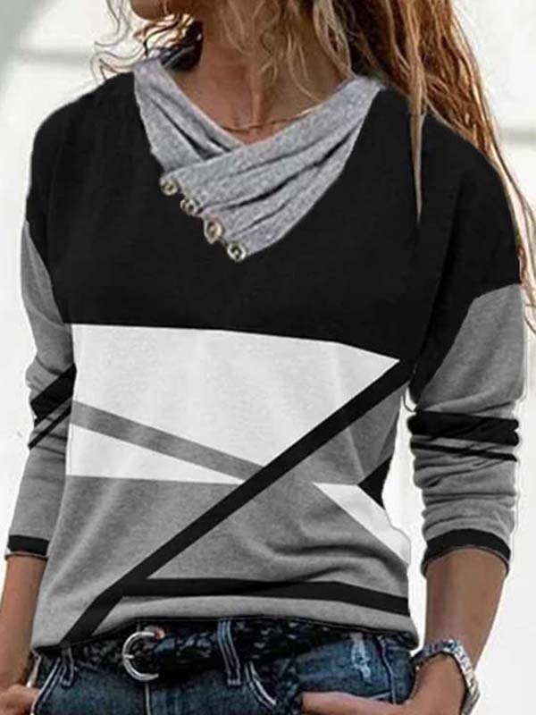 Cowl Neck Long Sleeve Color Block Casual T-shirt