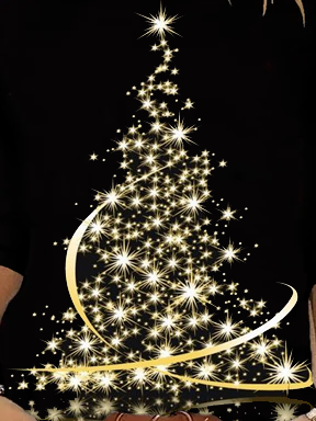 Christmas Tree Print Crew Neck T-shirt Holiday Xmas Jersey Micro-Elasticity Loose Long Sleeve T-shirt