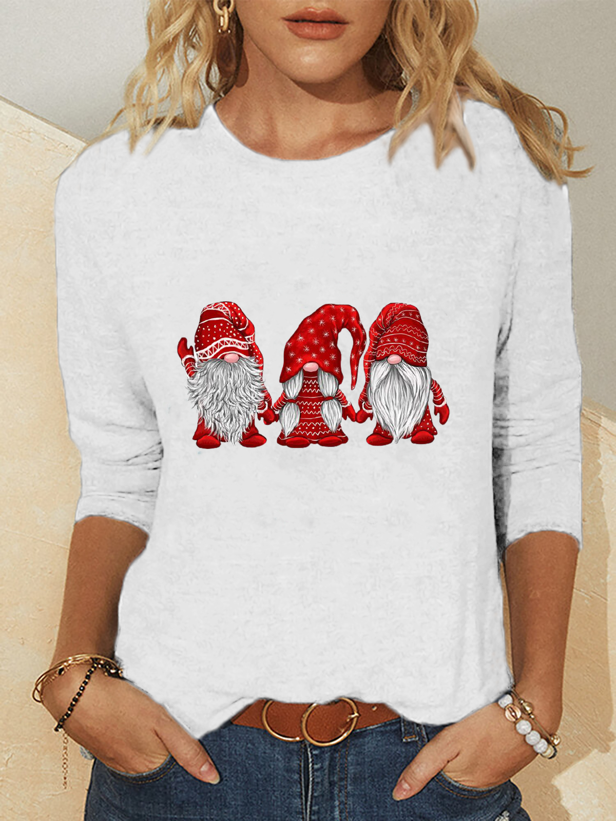 Cotton Casual Jersey Christmas Crew Neck Fit Long Sleeve T-shirt Xmas Cartoon Shirt
