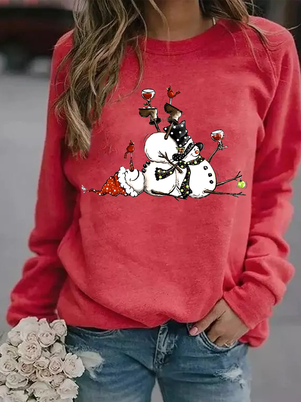 Snowman Xmas Chrismas Wine Scarf Hat Gift Regular Fit Sweatshirt