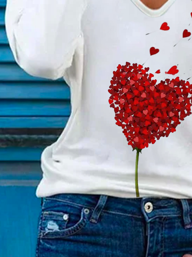 Casual Cotton Blends heart Print Valentine's Day Long Sleeve Shirt & Top