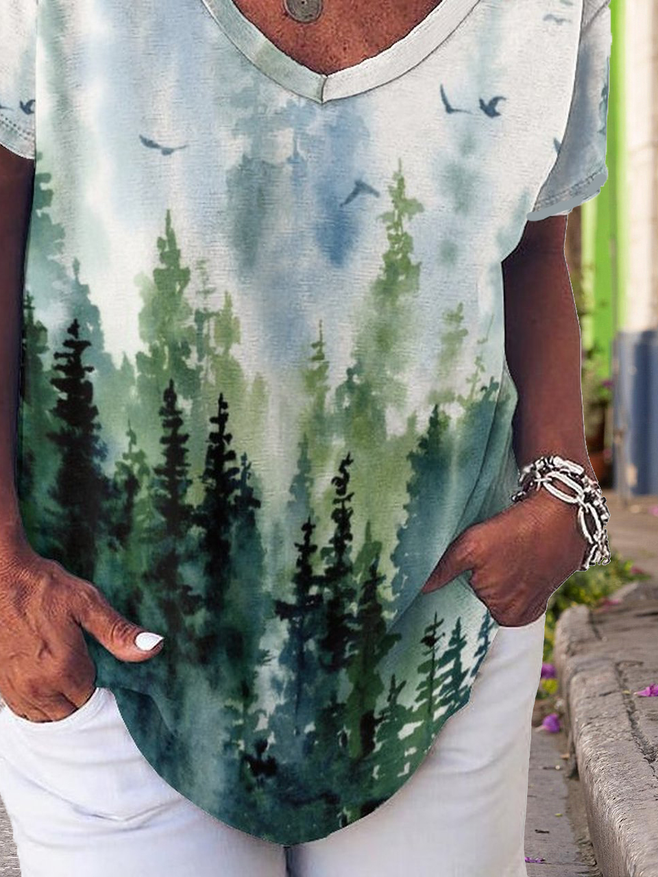 Gradient Botanical Print V-Neck Short Sleeve T-Shirt