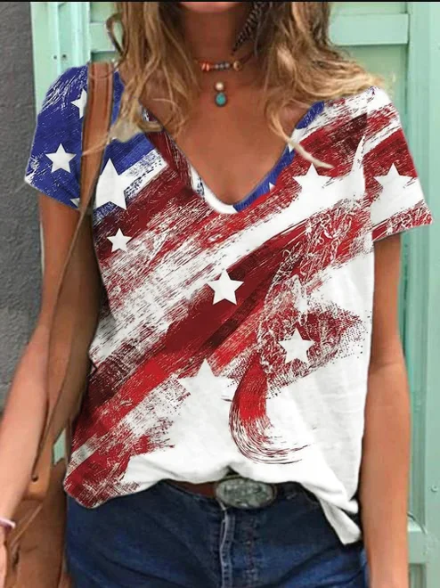 Casual V Neck Short Sleeve Shift Abstract Print Independence Day Shirt With America Flag
