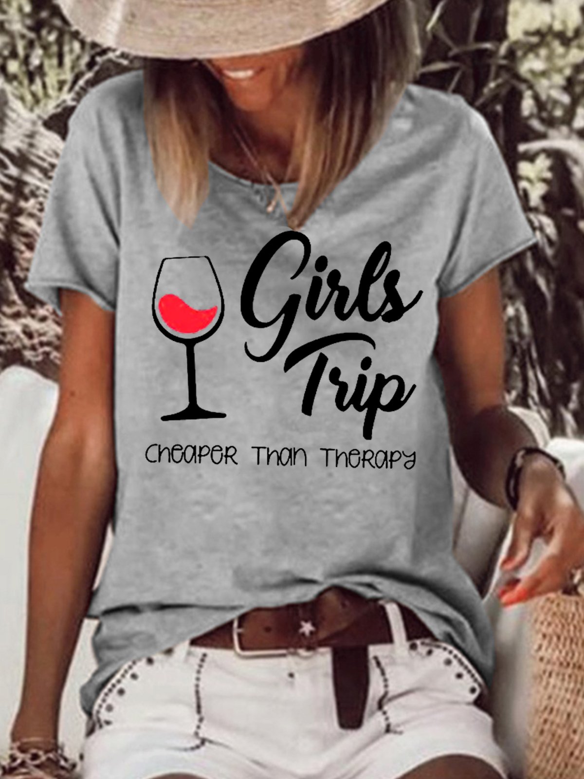 Funny Graphic Girls Trip Cheaper Than Therapy Letter Print Casual Short Sleeve T-Shirt