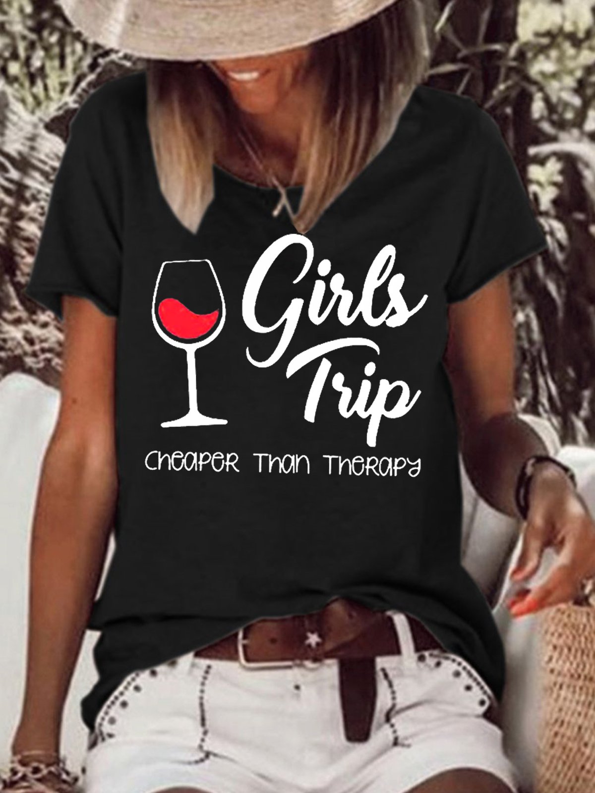 Funny Graphic Girls Trip Cheaper Than Therapy Letter Print Casual Short Sleeve T-Shirt