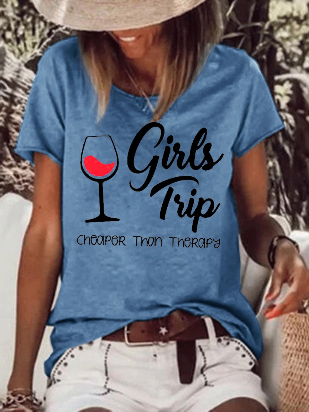 Funny Graphic Girls Trip Cheaper Than Therapy Letter Print Casual Short Sleeve T-Shirt