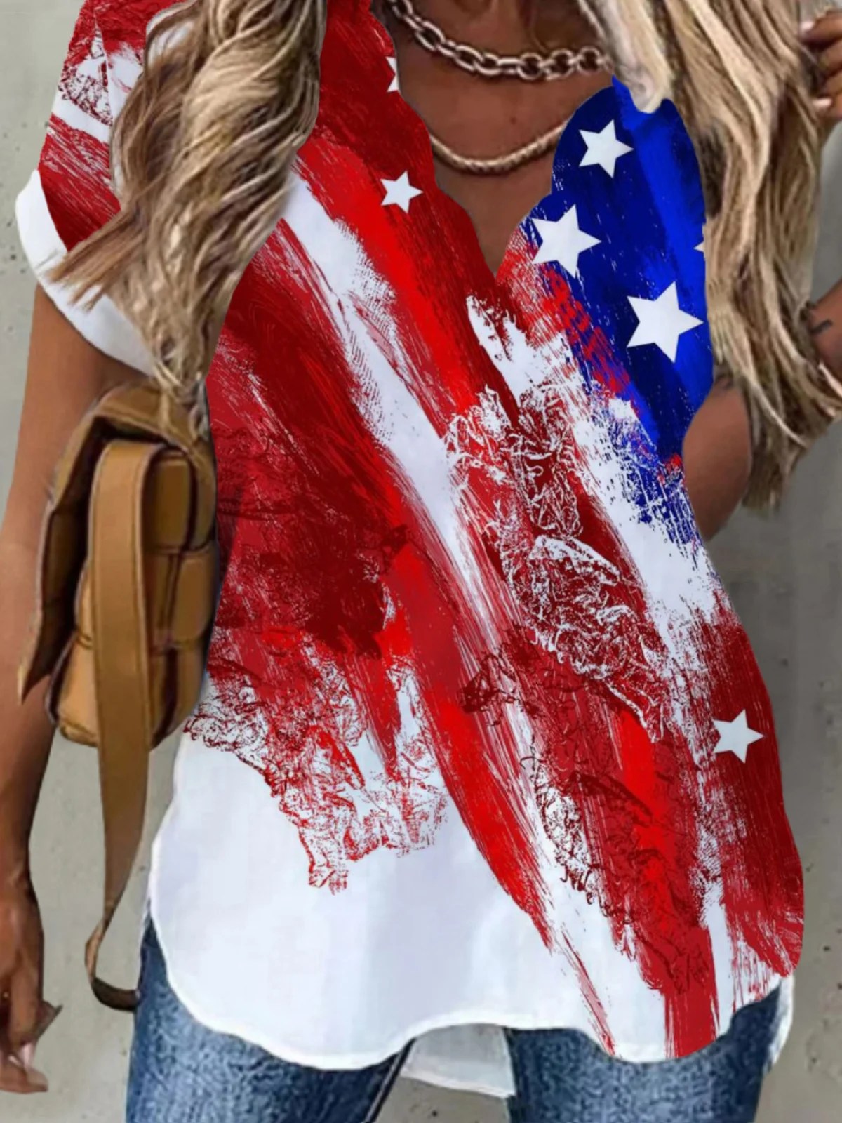 Casual American Flag Short Sleeve V Neck Printed Independence Day Top Shirt