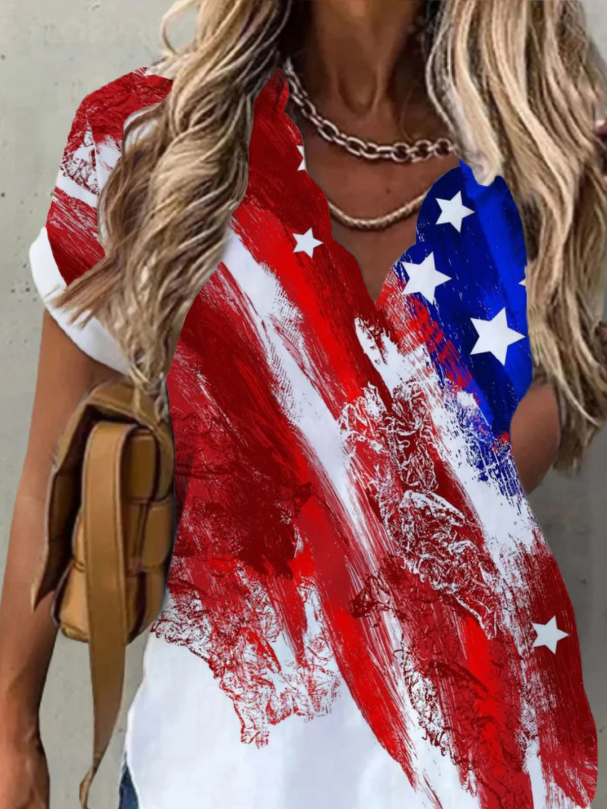 Casual American Flag Short Sleeve V Neck Printed Independence Day Top Shirt