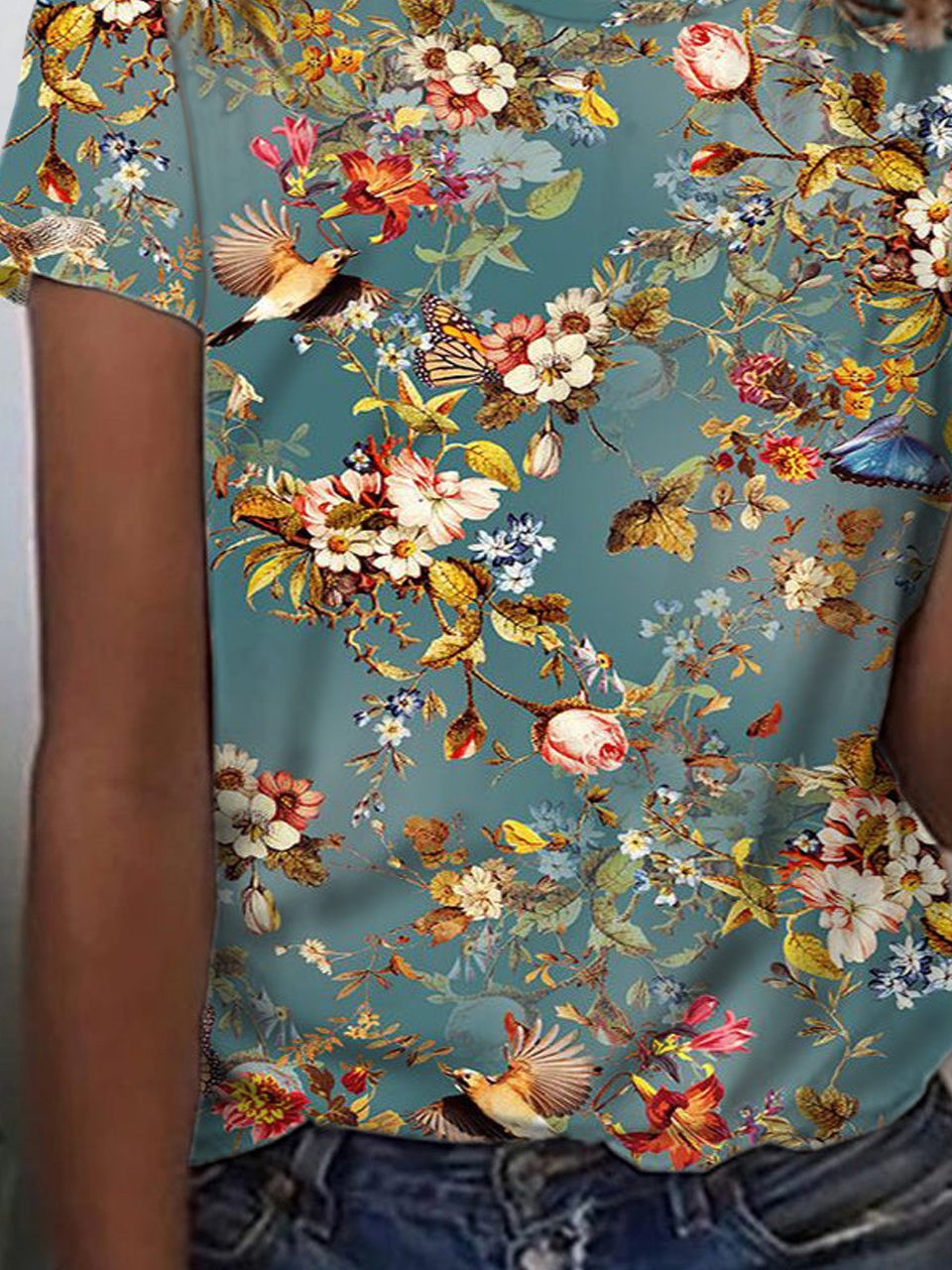Floral Bird Printed Casual Loosen Crew Neck Short Sleeve T-Shirt