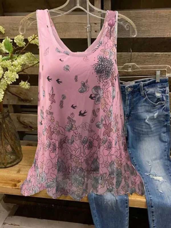 Sleeveless Floral-Print Shirt & Top
