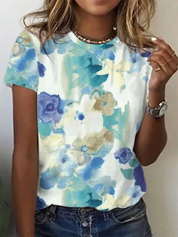Crew Neck Floral Short Sleeve Casual T-Shirt