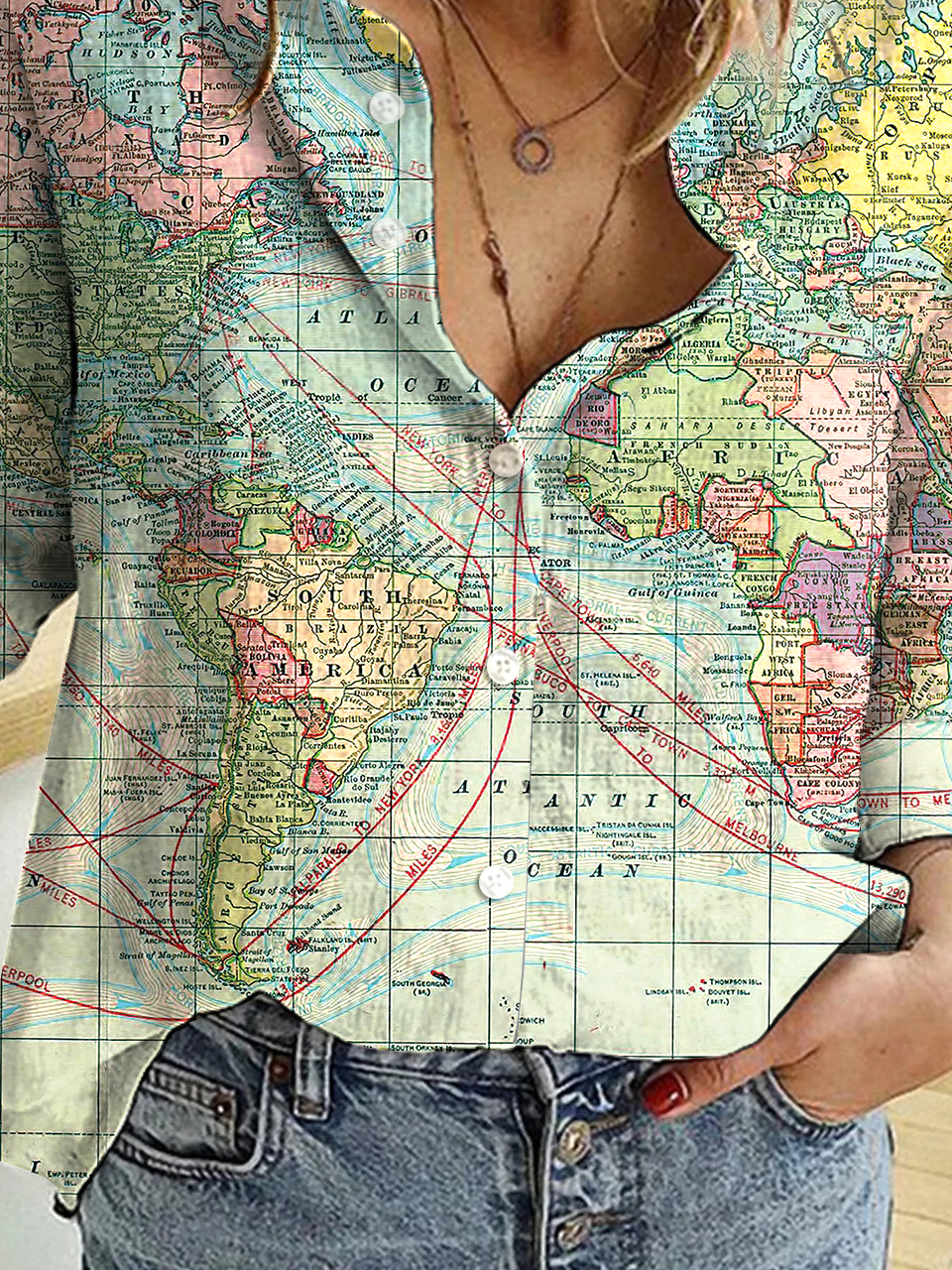 Women Casual Map Printed Collar Long Sleeve Blouse