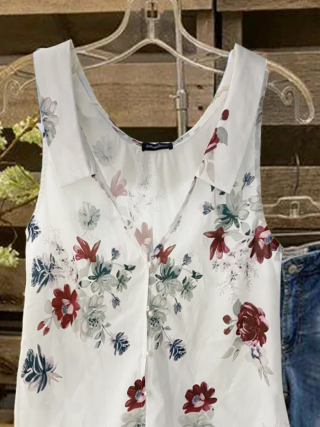 Buttoned Floral Casual Woven Loose Fitting Tank Tops