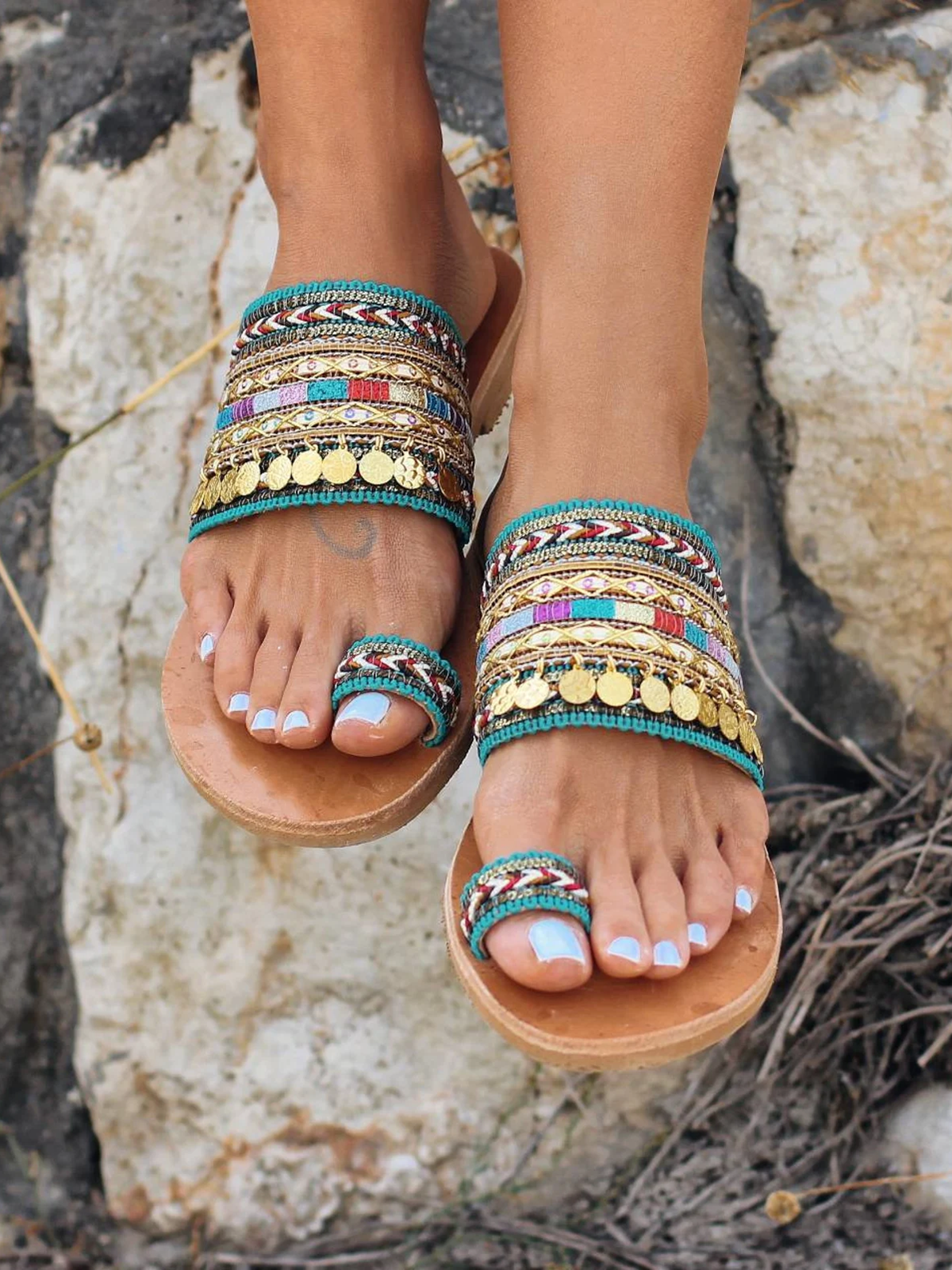 Woven Ethnic Pattern Sequined Thong Boho Slippers