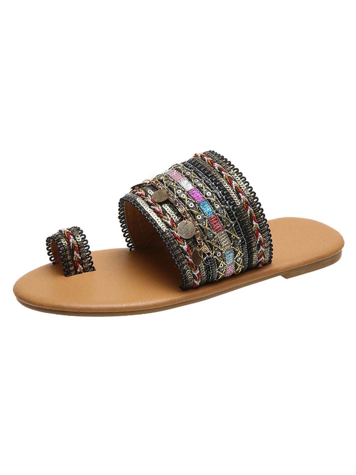 Woven Ethnic Pattern Sequined Thong Boho Slippers