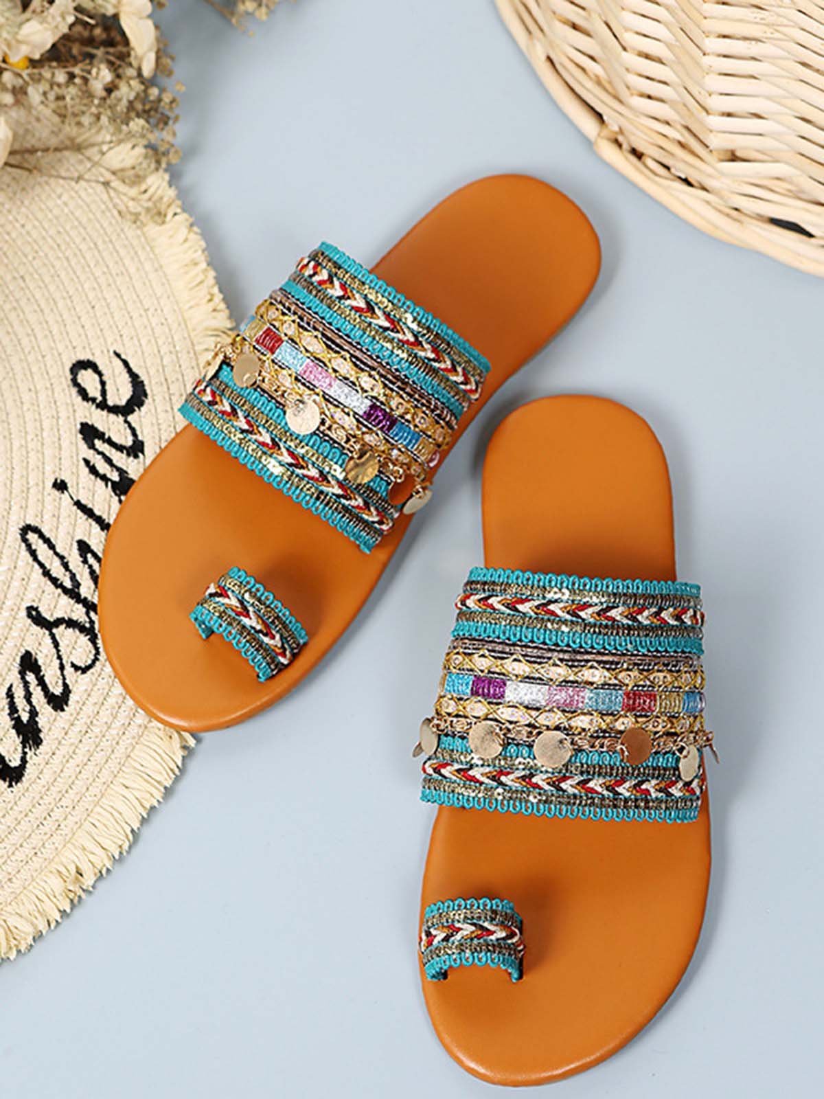 Woven Ethnic Pattern Sequined Thong Boho Slippers