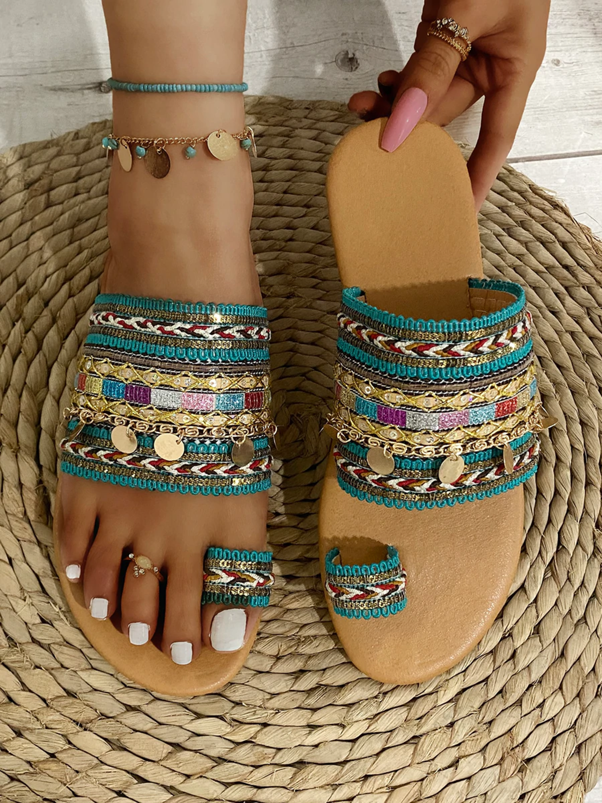 Woven Ethnic Pattern Sequined Thong Boho Slippers