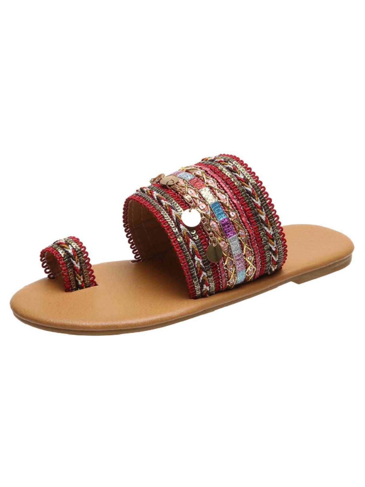 Woven Ethnic Pattern Sequined Thong Boho Slippers