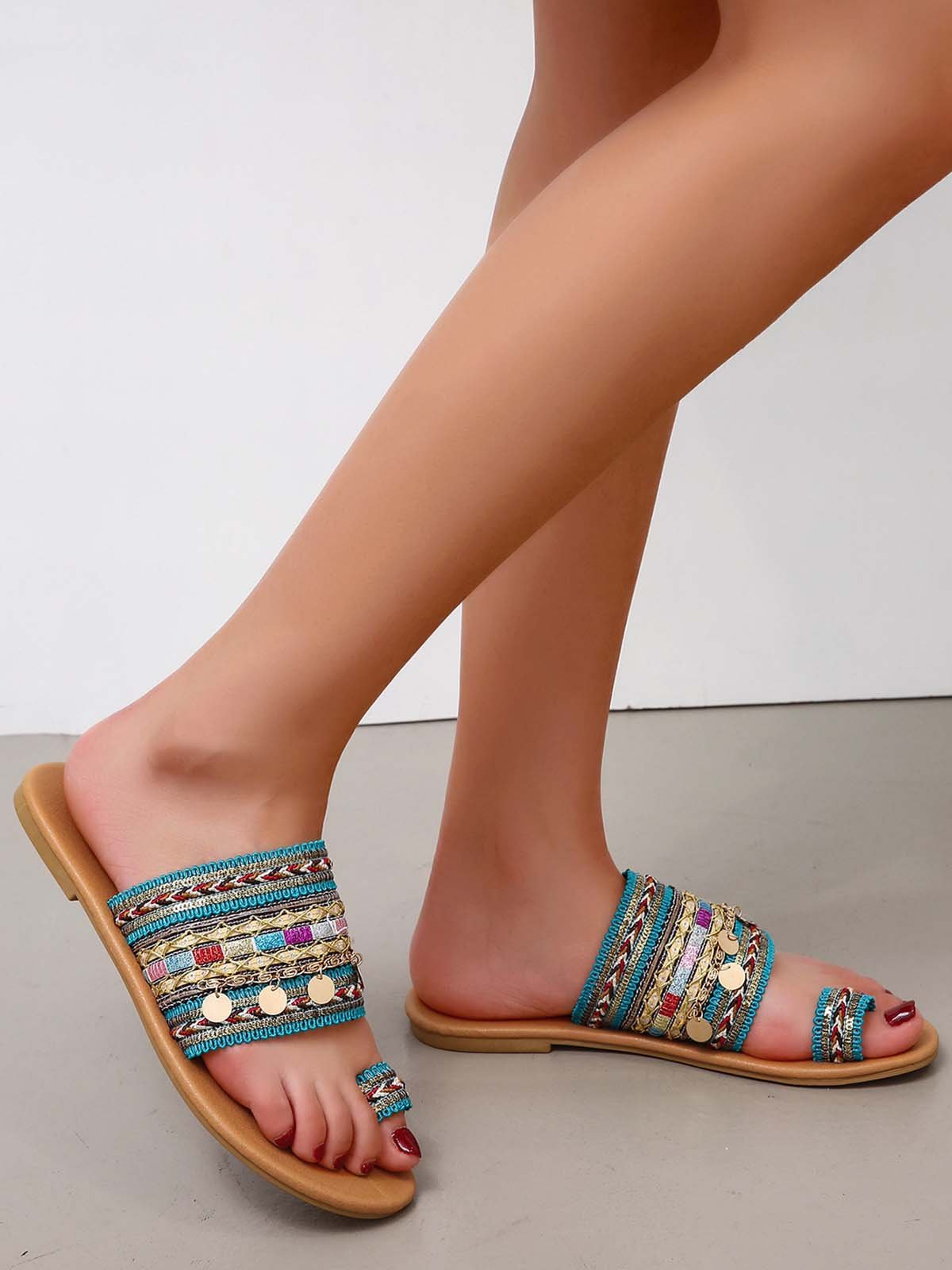 Woven Ethnic Pattern Sequined Thong Boho Slippers