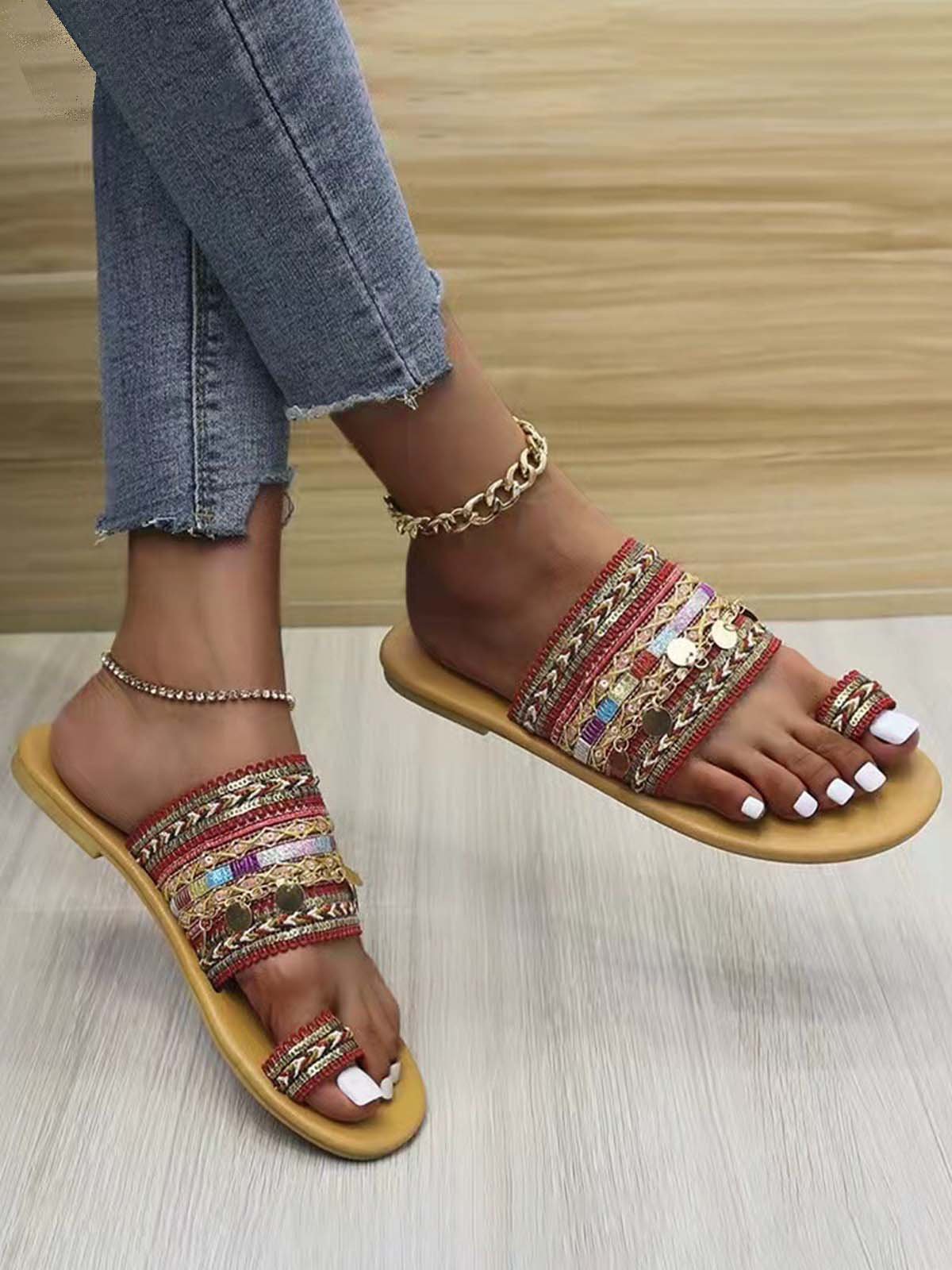 Woven Ethnic Pattern Sequined Thong Boho Slippers