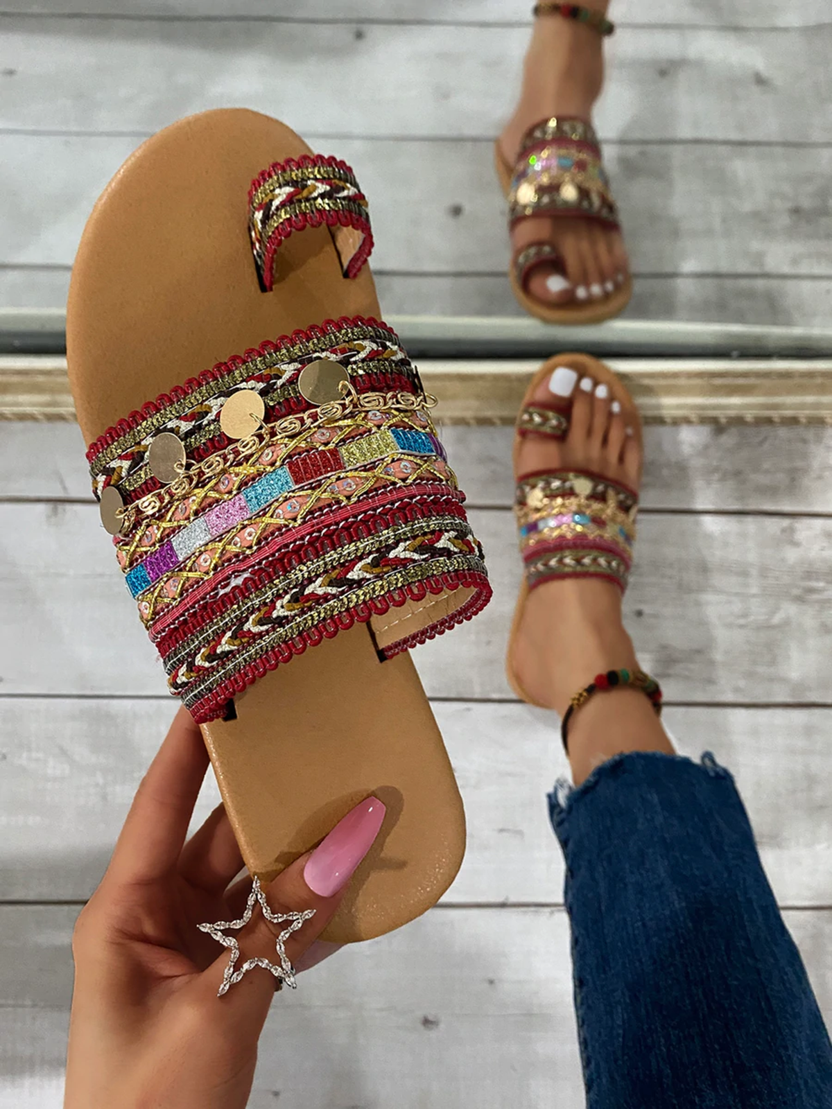 Woven Ethnic Pattern Sequined Thong Boho Slippers