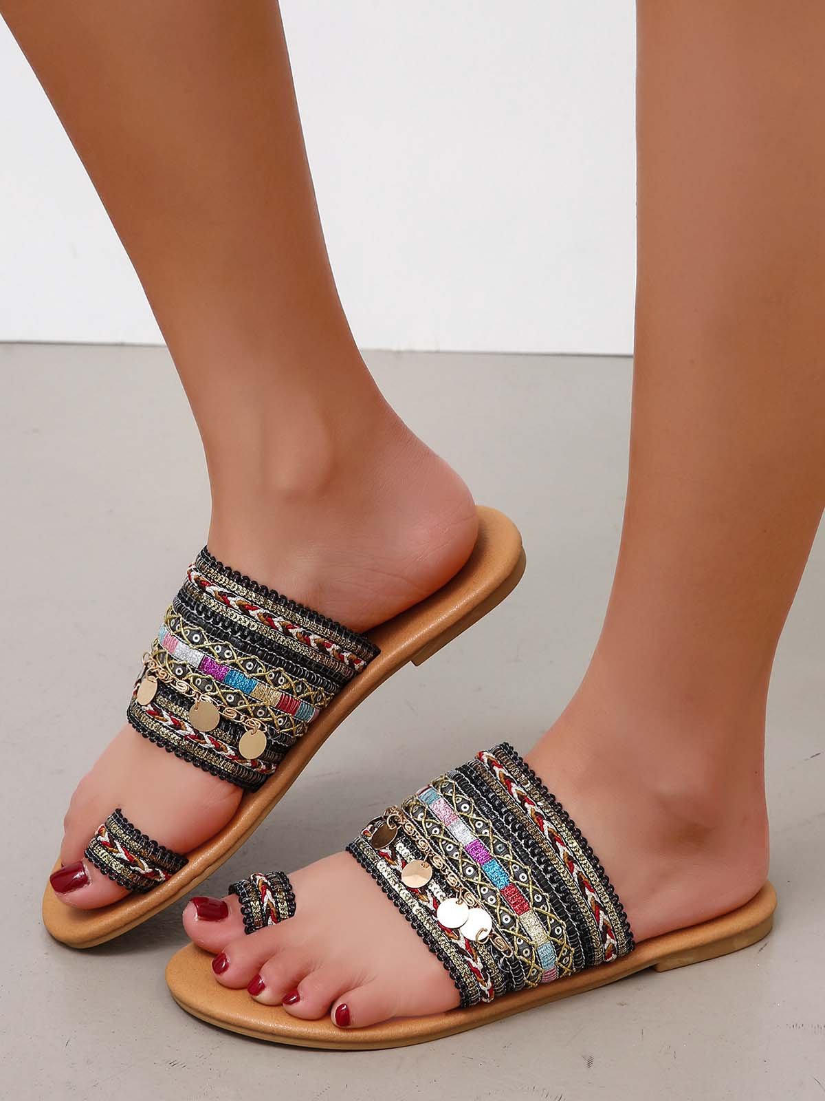 Woven Ethnic Pattern Sequined Thong Boho Slippers