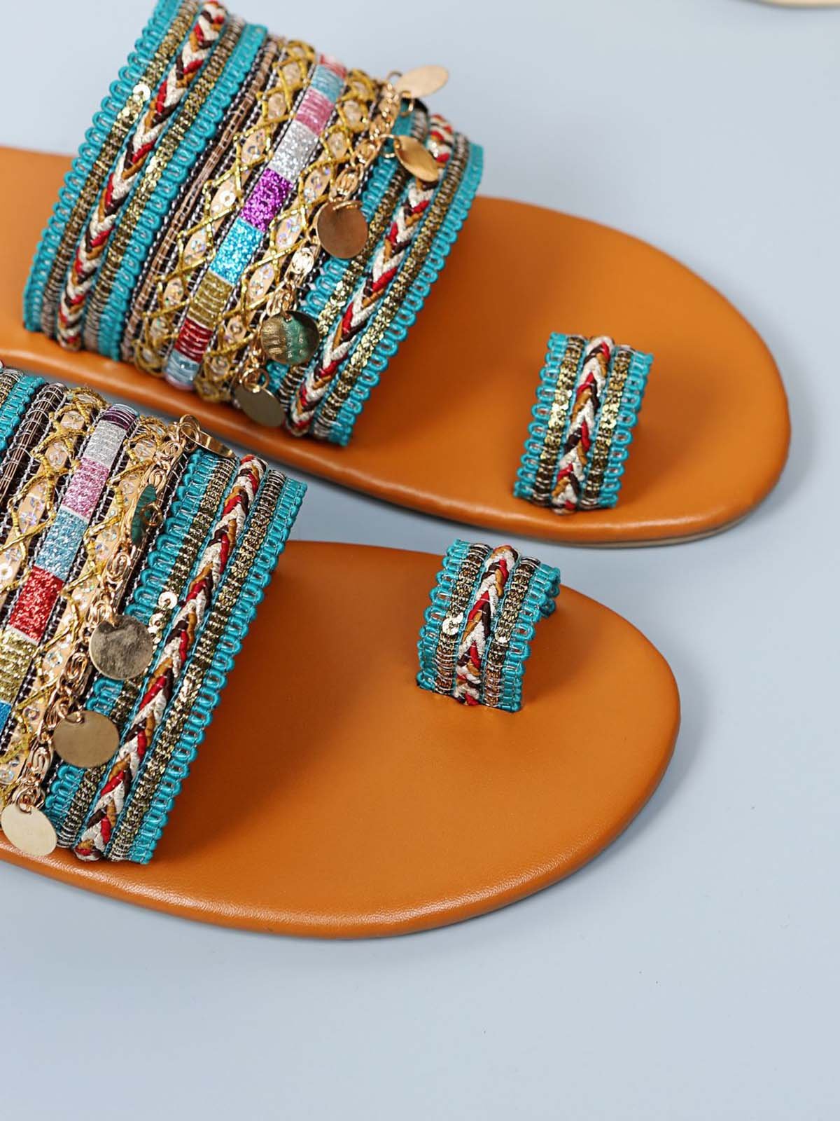 Woven Ethnic Pattern Sequined Thong Boho Slippers