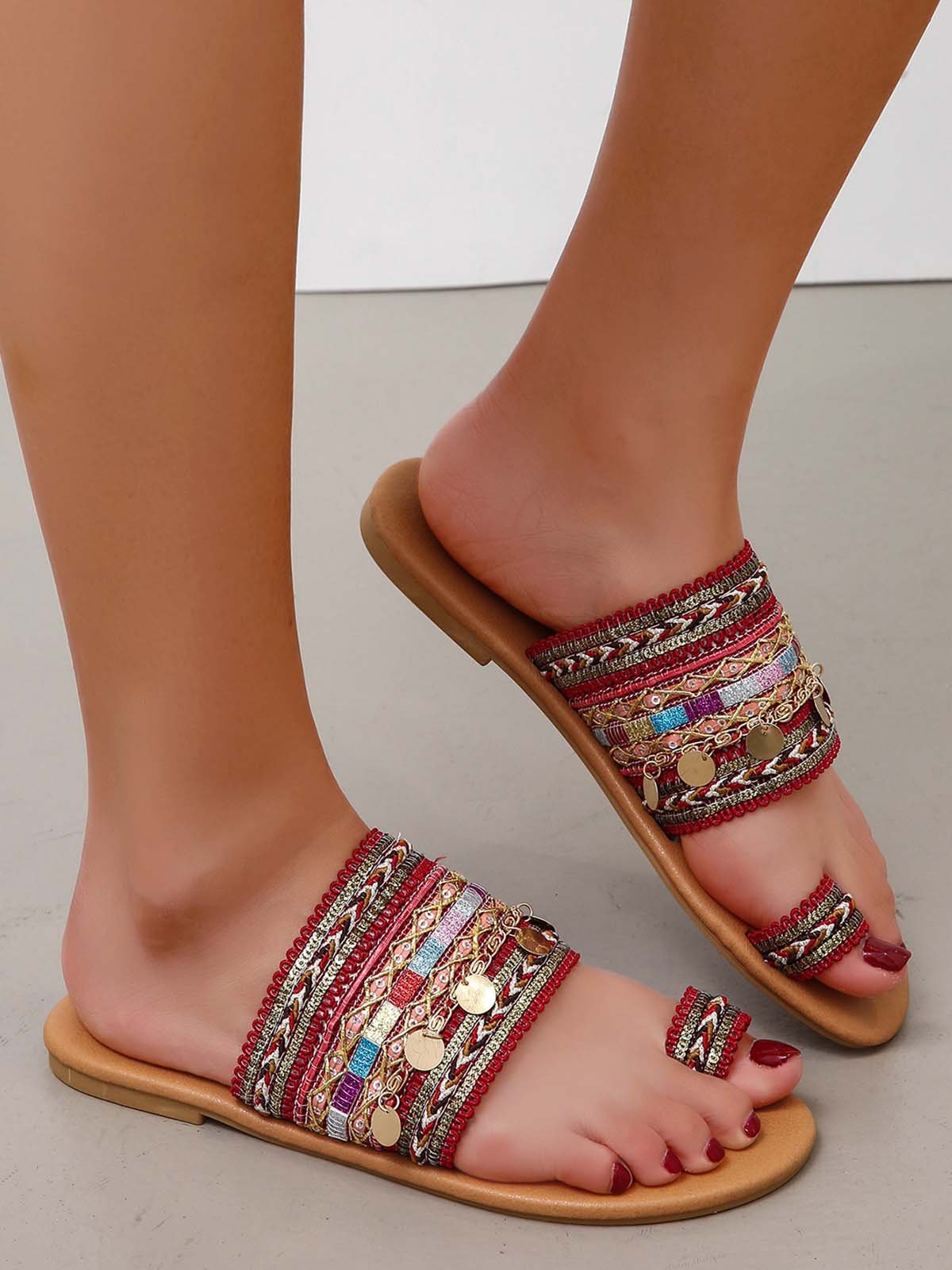 Woven Ethnic Pattern Sequined Thong Boho Slippers